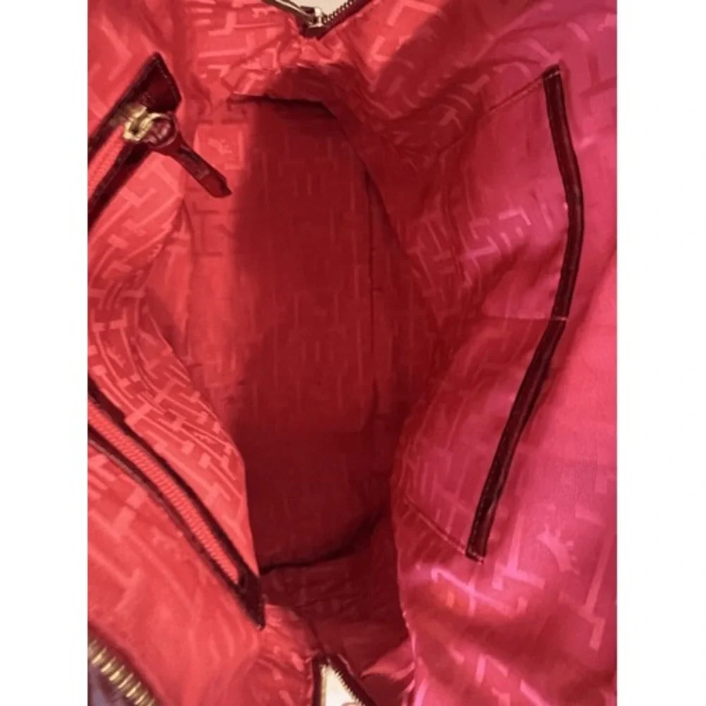 Elaine Turner Red Crocodile Embossed Leather Satchel Handbag Gold Hardware‎
